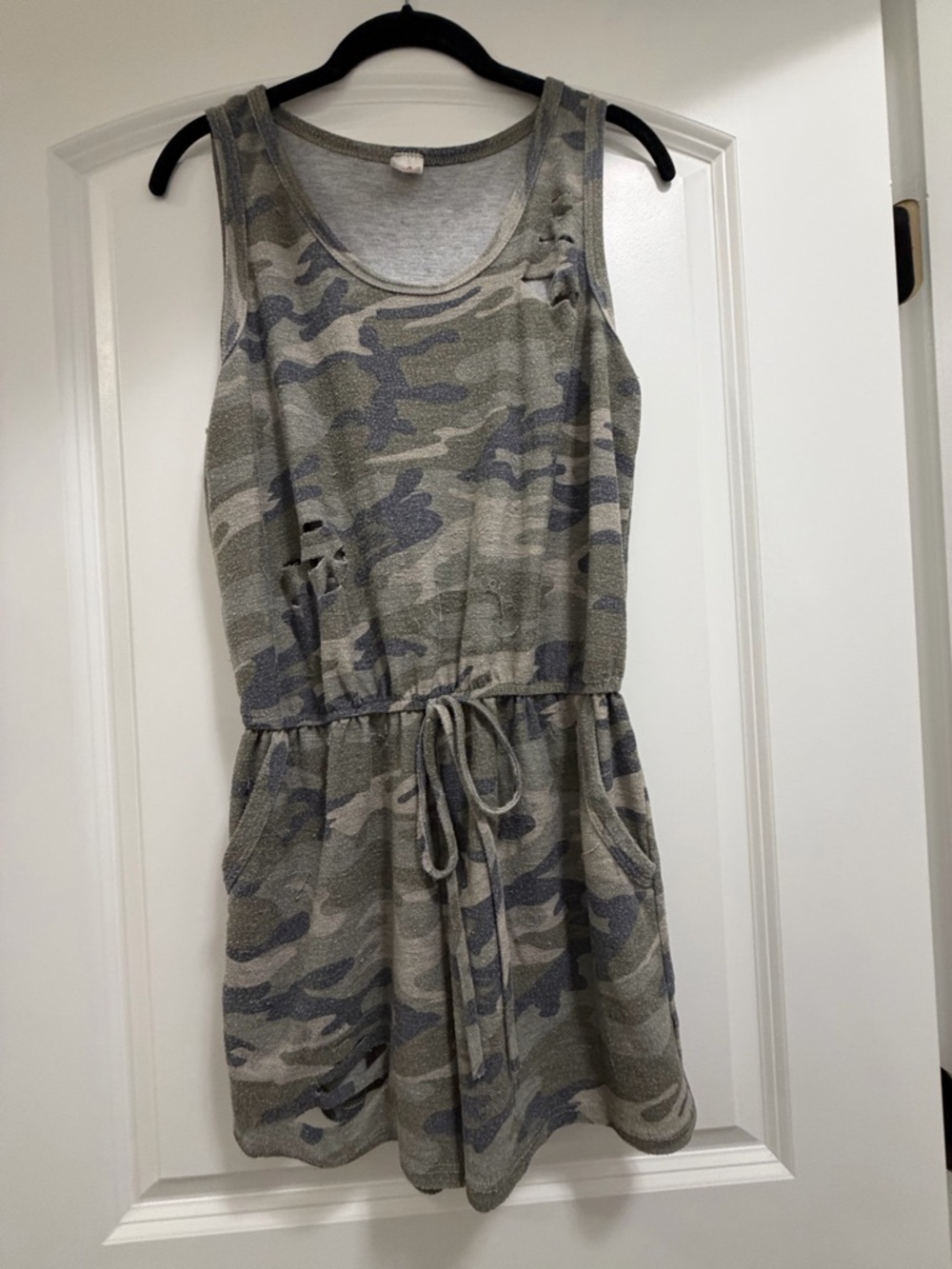 Camo Drawstring Tank Dress in Olive & Gray M